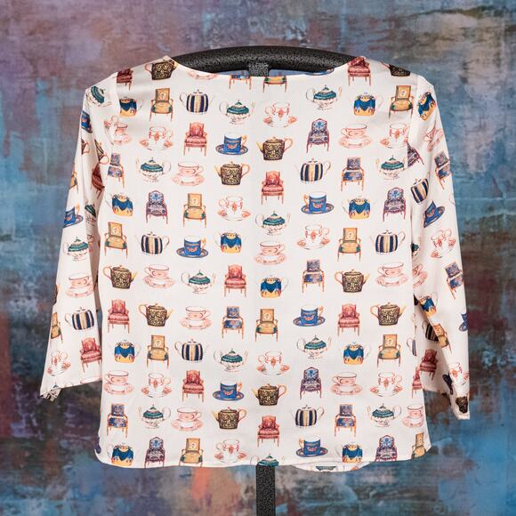 Talbots Tea Party Theme Blouse Women's SMALL Colorful Satin Cups Chairs England - Picture 6 of 7